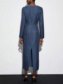 Aveloria Modichic Elegant Metal Decor Ruched Waist Slit Design Long Sleeve Dress, European And American Style - Navy Blue - View 6