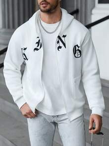 Manfinity Homme Men's Zip-Up Hoodie Sweatshirt,Black N White,Autumn,Streetwear,City Break Letter Graphic Print Patchwork Piping Long Sleeve Casual Stylish Top - Multicolor - View 1