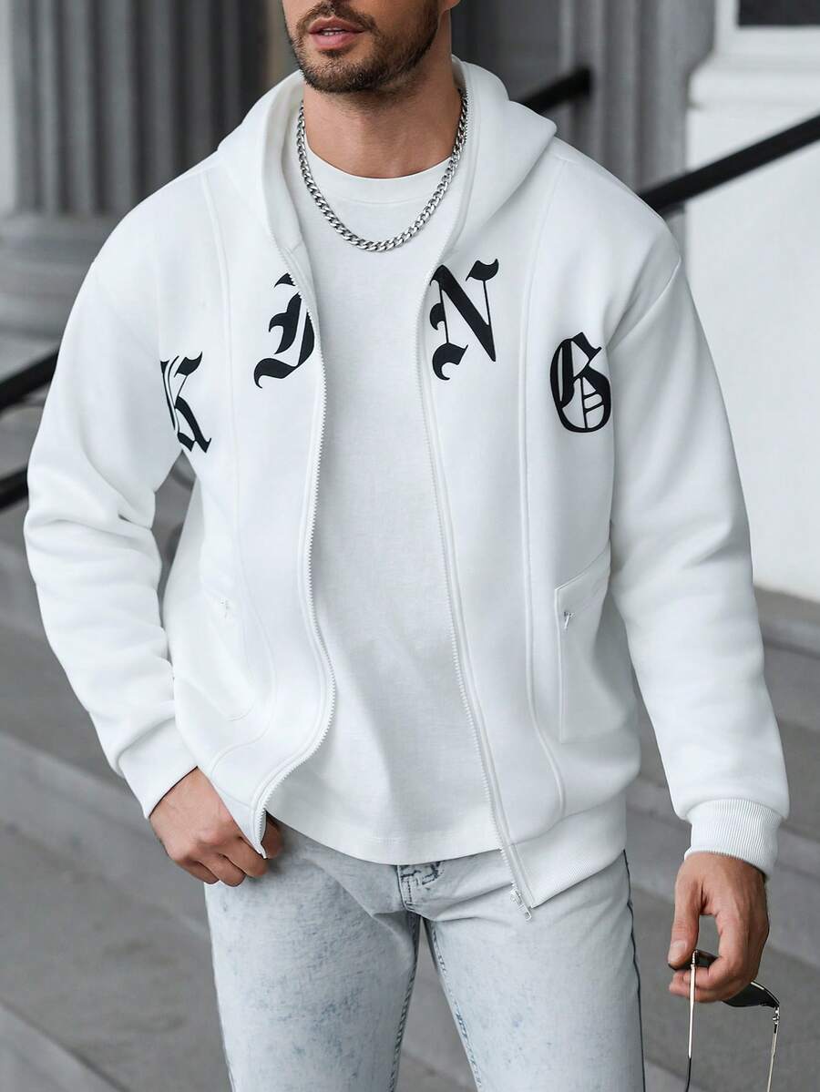 Manfinity Homme Men's Zip-Up Hoodie Sweatshirt,Black N White,Autumn,Streetwear,City Break Letter Graphic Print Patchwork Piping Long Sleeve Casual Stylish Top - Multicolor - View 1