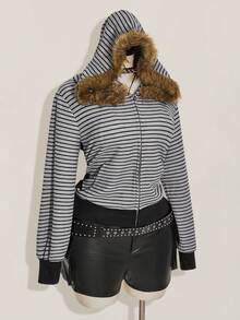 SHEIN ICON 大码黑灰条纹Y2K复古卫衣/冬季女式拉链卫衣 - 黑色 - 查看 7