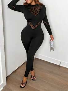 BamGleam 豹纹网纱拼接性感露背纽扣圆领长袖连体裤（女款） - 黑色 - 查看 3