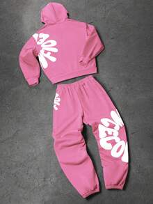 PAVTROS 男士字母印花长袖连帽衫带口袋休闲套装，搭配休闲裤，秋冬款 - 粉色 - 查看 2