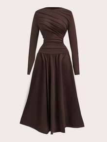 SHEIN PETITE 优雅女士吊带长款蓬蓬裙，适合日常约会、外出、夜店、派对等场合，娇小尺码，秋季款 - 棕色 - 查看 9