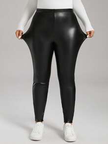 SHEIN LUNE Quần legging PU trơn màu cỡ lớn có lớp lót giữ nhiệt, ấm áp - màu đen - Xem 2