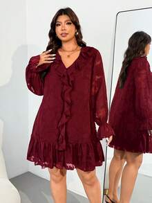 Enliva Váy dài tay rộng rãi cỡ lớn cho nữ, họa tiết cắt laser/Mùa đông, dành cho dáng người quả táo tròn - Màu Đỏ Sâu - Xem 5