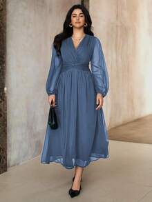 Roveilla Váy voan phong cách Trung Đông cổ điển thanh lịch cỡ lớn dành cho nữ, chất liệu vải xếp ly, nhún bèo, xoắn eo, dáng chữ A, tay dài, thích hợp cho tiệc trà chiều, tiệc tùng, xuân/thu/đông - Màu xanh bụi bặm - Xem 3