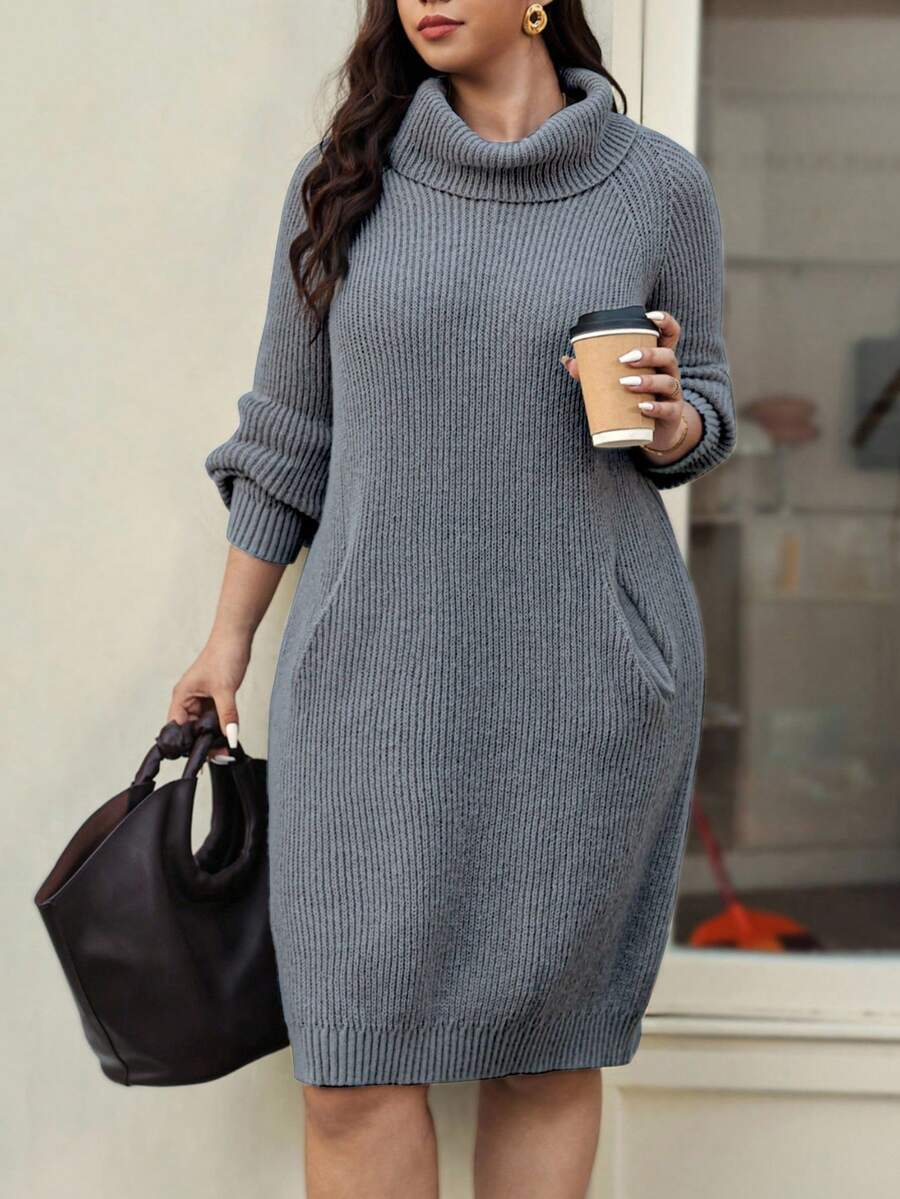 Vionelle Vestido de suéter de punto con cuello alto para mujer de talla grande, vestido casual y versátil de cuello alto a la moda para otoño/invierno