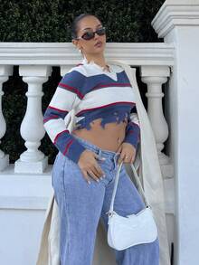 NegzBox Women's V-Neck Long Sleeve Blue & White Striped Ripped Distressed Fringe Casual Pullover Sweater Knit Pullover Fall Winter Striped Design Back To School Fashion - Blue and White - View 5