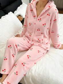 女童舒适休闲柔软双面法兰绒樱桃印花长袖长裤睡衣 - 粉色 - 查看 1