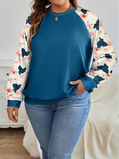 SHEIN LUNE Sudadera con cuello redondo de talla grande con estampado floral y parches, para mujer, otoño, viaje, aeropuerto