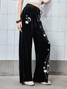 ROMWE Avant Millennium Diva Ultra Low Waist Wide Leg Musical Note Embroidered Velvet Women Sweatpants