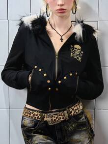 ROMWE J-Fashion Shibuya Girl Chic Bronze Rivet Contrast Fuzzy Trim Fitted Cropped Women Sweatshirt Jacket - Black - View 5