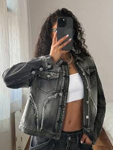StreetHx Fashionable Casual Street Style Distressed Denim Open Front Button Up Jacket - Black - View 4