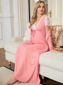 SHEIN 2pcs Maternity Contrast Lace Long Sleeve Robe And Front Tie Short Sleeve Dress Elegant Set