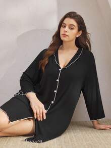 Ocili Plus Size Ribbed Comfortable Ruffle Collar Shell Button Nightgown, Cozy Outfit, Fall & Winter - Black - View 2