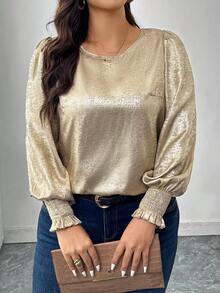 SHEIN LUNE Plus Size Round Neck Metallic Lantern Sleeve Blouse Glitter Top Sequin Top Sequin Stylish Women's Blouses Stylish Clothing Collection Chic Blouses For Women Elegant Blouses For Women Elegant Women's Blouses Elegant Dress Women Clothes For New Year Christmas Women's Clothing Women's Winter Clothes Thanksgiving Women's Social Blouse Women's Formal Wear