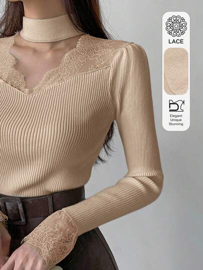 DAZY Women's Contrast Lace Hollow Out Fitted Long Sleeve Sweater, White, Spring/Autumn