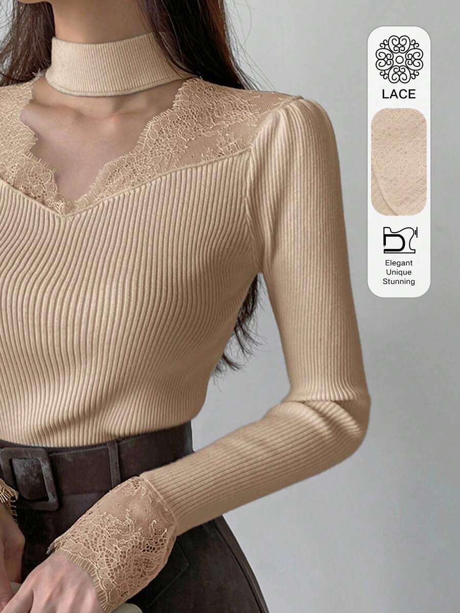 DAZY Women's Contrast Lace Hollow Out Fitted Long Sleeve Sweater, White, Spring/Autumn - Apricot - View 1