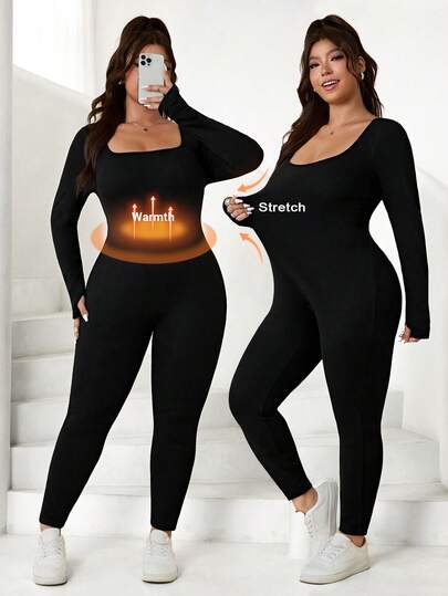 Solflare Plus Size Women's Solid Color Square Neck Long Sleeve Casual Jumpsuit, Autumn/Winter