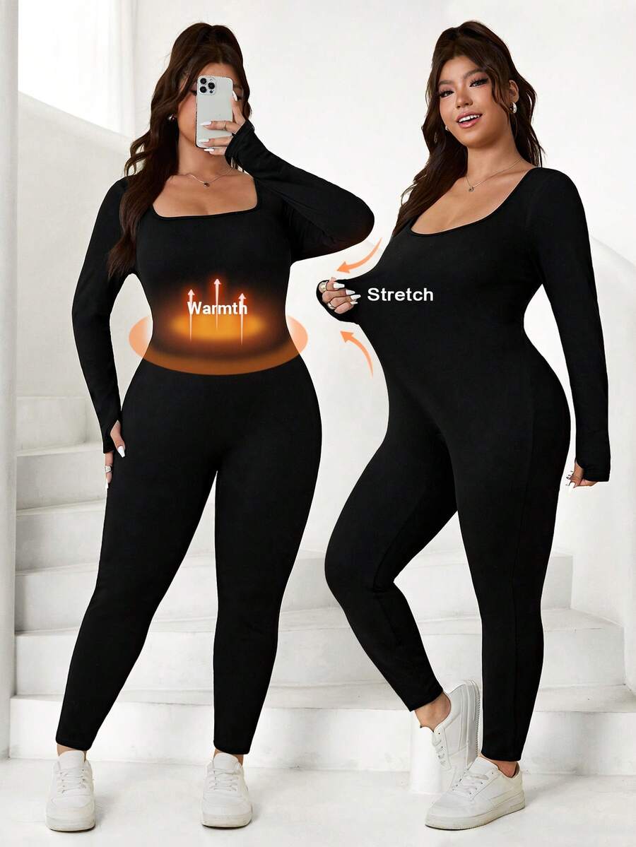 Bộ đồ liền thân dài tay cổ vuông màu trơn cỡ lớn dành cho nữ, mùa thu/đông - màu đen - Xem 1