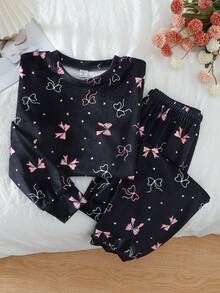 2 Piece Sets Teen GirlBow Print Velvet Long Sleeve Top And Pants Pajama Set Teen Long Sleeve Pajama Bow Pajamas Cute Pj Set Tween Girls Pajama Set Bow Teen Girl Clothes - Multicolor - View 5
