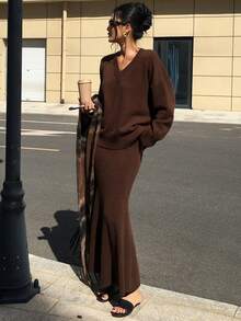 DAZY 两件套宽松休闲V领毛衣+高腰鱼尾裙，女士秋季针织两件套 - 棕色 - 查看 9