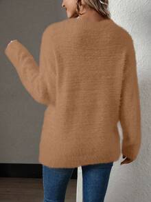 SHEIN LUNE Women's Camel V-Neck Batwing Cashmere Blend Pullover Sweater, Minimalist & Versatile - Khaki - View 2