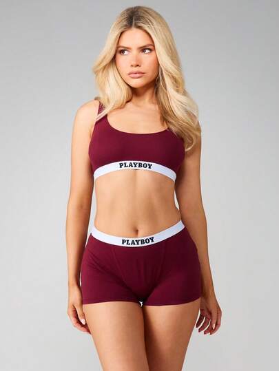 Missguided x Playboy Scoop Bralette And Boyshort Brief Two Piece Intimates Set With Contrast Band Detail
