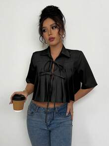 Selianne Blouse élégante pour femmes, couleur unie, avec ourlet plissé et nœud papillon - Noir - Voir 6