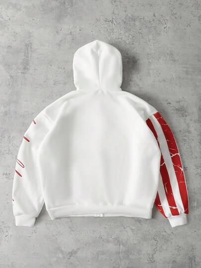 Sudadera con capucha casual con cremallera y estampado de lema y figura para hombres