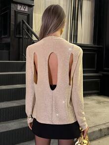 Elyressa Áo thun nữ kiểu Pháp cổ cao tay dài vải bóng kim loại thiết kế hở lưng, phong cách tiệc tùng - Vàng - Xem 3