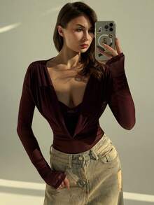 Aloruh 性感派对夜店装新款秋冬紫色网纱深V领连体衣，情人节女士服装 - 中紫紅色 - 查看 9