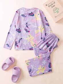 My Little Pony X SHEIN 少女夢幻甜美滿版印花針織圓領淺紫色上衣與長褲秋冬睡衣套裝 薰衣草紫色睡衣套裝 少女獨角獸睡衣套裝 - 淡紫色 - 查看 2