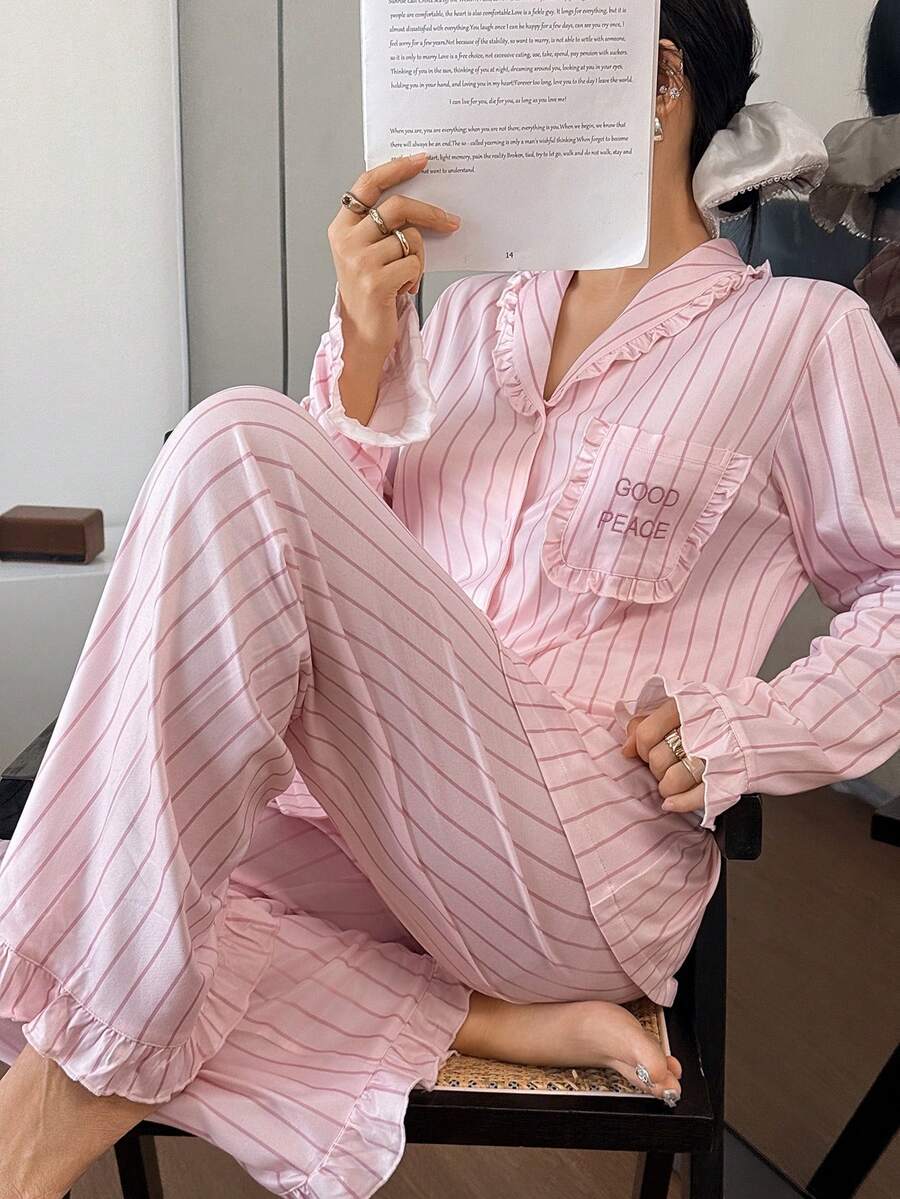 Dream Adore 女士两件套睡衣，粉色条纹印花口袋刺绣长袖上衣和荷叶边长裤，家居服，冬季服装 - 粉色 - 查看 1