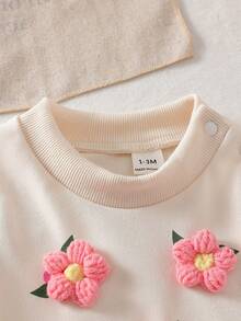 SHEIN Bộ quần áo nỉ họa tiết hoa 3D dễ thương và quần sọc hồng cho bé gái sơ sinh - Hồng - Xem 6