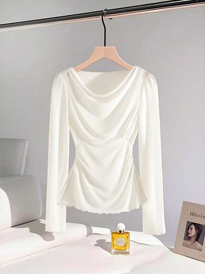 Franclia Neue elegante und schicke Pendler-Alltagskleidung für Herbst/Winter mit gerafftem Kragen, plissierter Taille und Langarmärmeln, vielseitig einsetzbar für Arbeit, Schule und den täglichen Gebrauch