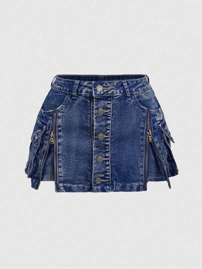 Kawaii Plus Size Kpop Y2K Millennium Zip-Up Vintage Washed Low-Waist Mini Denim Skirt, Casual Autumn/Winter Women Denim Skirt
