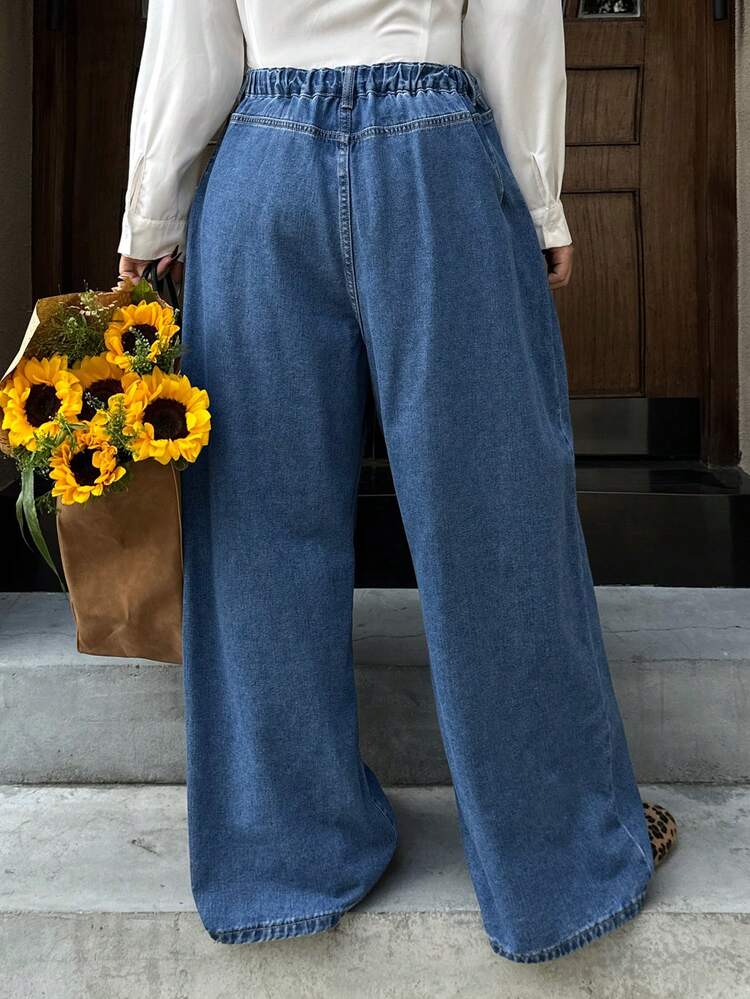 Dazy Plus Plus Size Women Casual Commuter Medium Wash Loose Straight Leg Elegant Long Denim Jeans