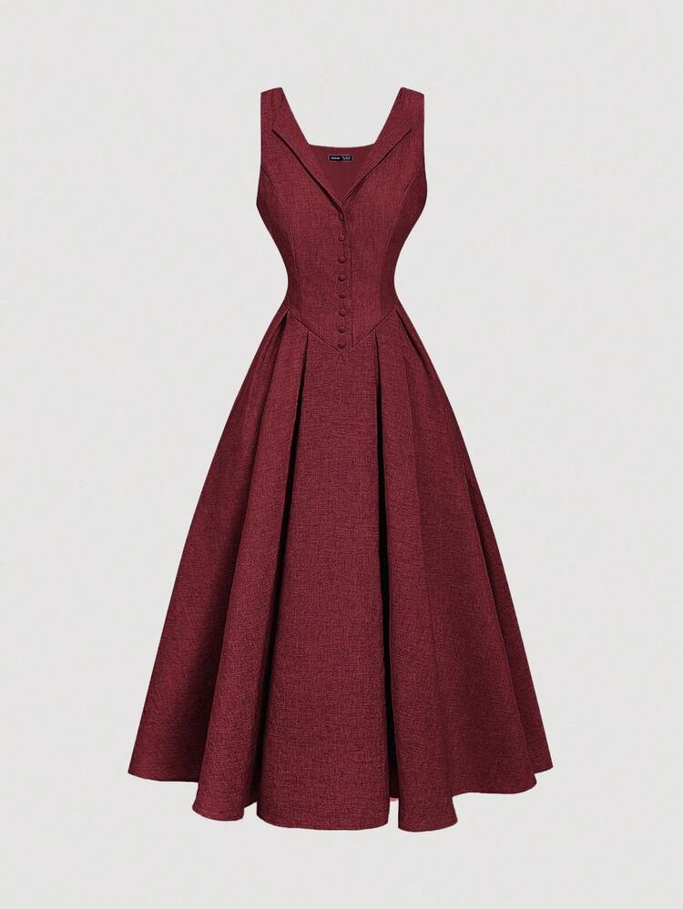 SHEIN MOD Váy midi thắt eo cài nút cổ áo phía trước, màu đỏ tía - Màu Đỏ Sâu - Xem 1