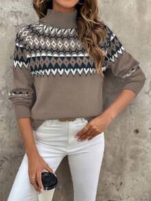 SHEIN LUNE Suéter de cuello alto con mangas raglán y patrón geométrico para mujer, para otoño/invierno - Multicolor - Ver 3