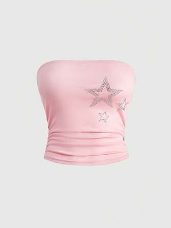 Grunge Punk Top a canotta attillato con grinze e decorazione di strass a stella per donne