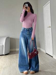 SHEIN EZwear 女士莲藕粉色立领长袖休闲紧身上衣，秋季款，莲藕粉色紧身上衣 - 藕粉色 - 查看 5