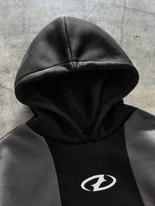 AXEPEAK 男士加大码休闲撞色印花连帽衫，长袖上衣 - 黑色 - 查看 4