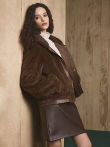 Revavyn Revavyn Women's Coffee Brown Short Faux Fur Coat,Winter Elegant Date Faux Leather Patchwork Buttons Straight Fit Fluffy Collar Jacket For Holiday Party - Coffee Brown - View 5