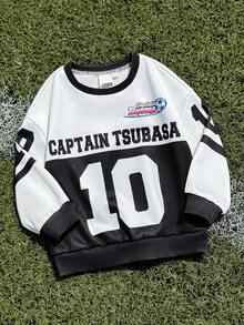 Captain Tsubasa X SHEIN Young Girl Sporty Casual Letter Graphic Color Block Round Neck Long Sleeve Loose Knit Sweatshirt - Black - View 1