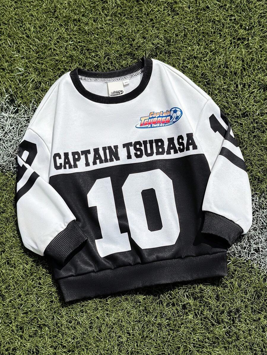 Captain Tsubasa X SHEIN Young Girl Sporty Casual Letter Graphic Color Block Round Neck Long Sleeve Loose Knit Sweatshirt - Black - View 1