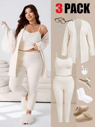 Solflare 3pcs Plus Size Women Fuzzy Jacket, Camisole And Pants Set, Autumn/Winter