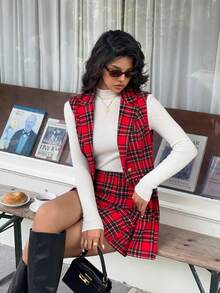 SHEIN Frenchy Women's Fashion Commuter Plaid Vest & Skirt 2 Pieces Set, Women's Winter Clothes ,Brown , New Year , Party,  Christmas ,Thanksgiving  ,Graduation, Luxury ,Chic.,Christmas,Red Summer Casual Valentine's Day - Red - View 8