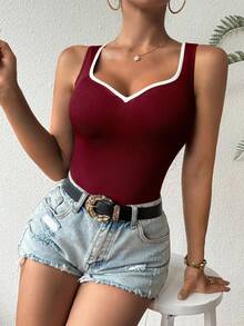 SHEIN Unity Top ajustado sin mangas con cuello en forma de corazón de color contrastante - Burdeos - Ver 5