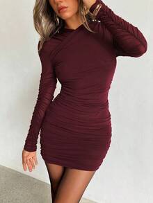 Aloruh 女士酒红色褶皱修身时尚长袖秋季连衣裙 - 酒紅色 - 查看 6